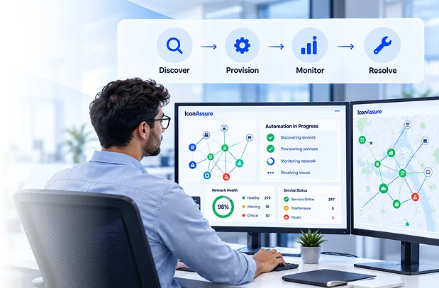 A network engineer at two monitors running IconAssure topology and service-health dashboards, under the four steps Discover, Provision, Monitor and Resolve.