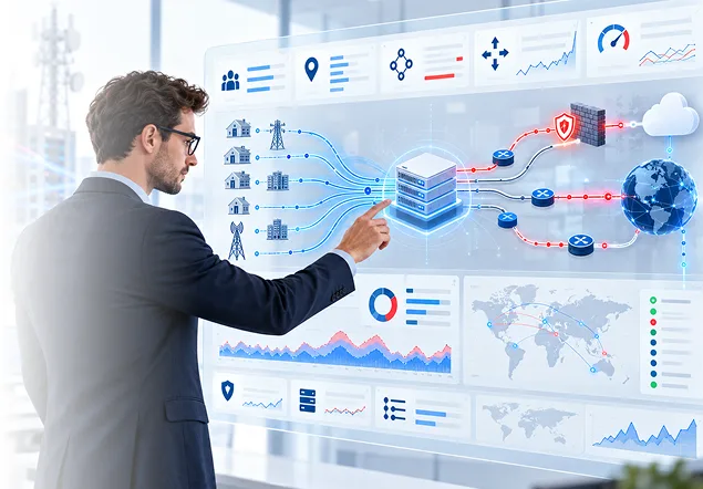 A network engineer pointing at a broadband edge dashboard where subscriber homes and towers connect through a central gateway to routers, a firewall, the cloud and the internet.