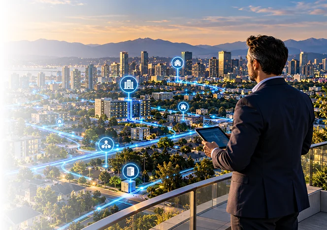 A network manager holding a tablet looks over a city at dusk, with glowing fiber routes and network nodes traced across the streets below.