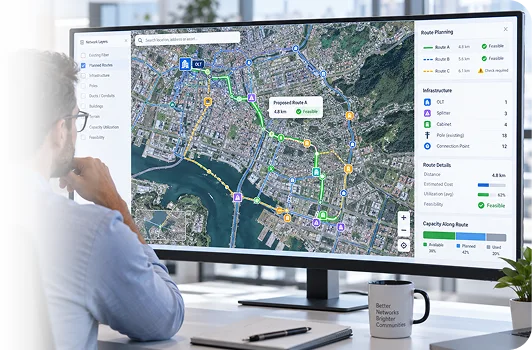 A planner studying proposed fiber routes on a large monitor showing a satellite map and route feasibility details.