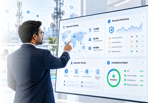 A network analyst pointing at an IconTrace wall display showing network visibility, security monitoring, subscriber tracing and compliance status panels.