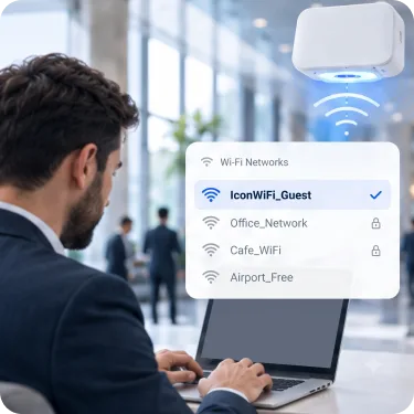 A guest choosing the IconWiFi_Guest network from the list of WiFi networks on a laptop.