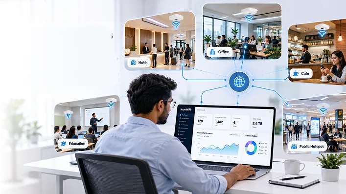 A WiFi operator working on the IconWiFi dashboard on a laptop, connected to hotel, office, café, education and public hotspot locations.