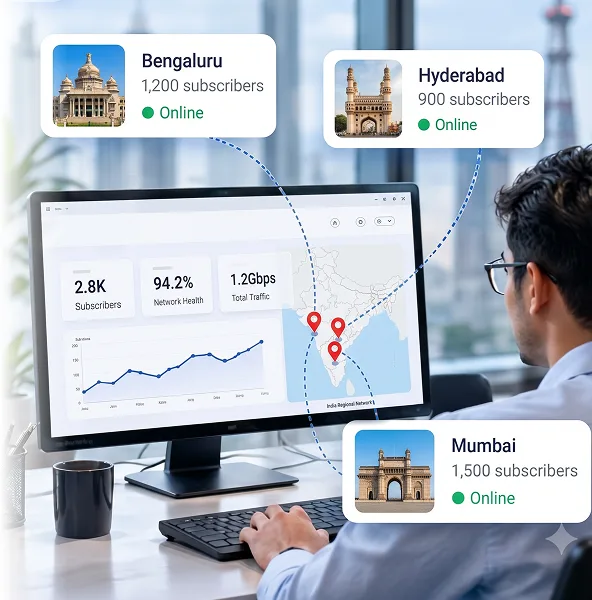An ISP operator viewing a network dashboard with Bengaluru, Hyderabad and Mumbai subscriber locations online.